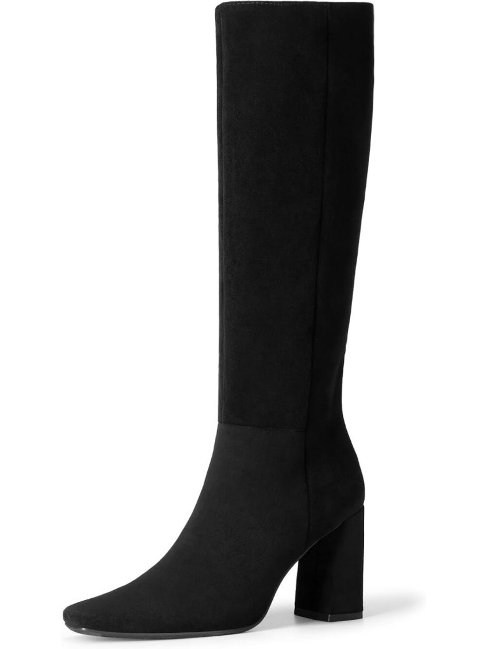 Women's Black Faux Suede Square Toe Block Heel Side Zipper Knee High Boots
